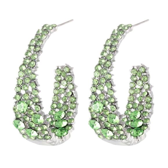 18k White Gold and 925 Sterling Silver with Green Peridot Crystal Hoop Earrings - Picture 1 of 5